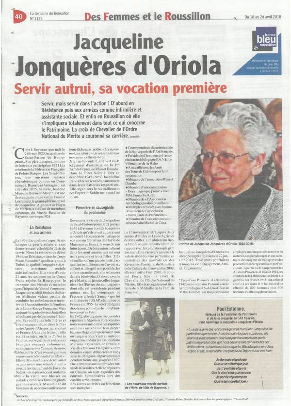 La Semaine du Roussillon-N°1135-Article-Jacqueline Jonquèresd'Oriola-2018